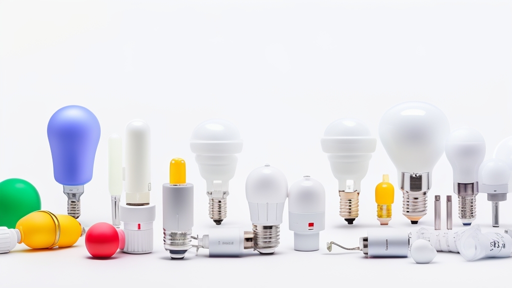 Energiatakarékos LED izzók és fénycsövek választéka fehér háttér előtt